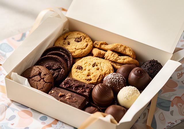 Caja sorpresa abierta con pastas de mantequilla, bombones y trufas artesanales sobre papel decorativo