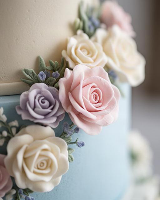 Detalle de flores de azúcar modeladas a mano sobre tarta de boda pastel