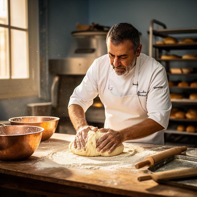 Manolo, maestro pastelero, trabajando una masa en el obrador artesanal de Zafra