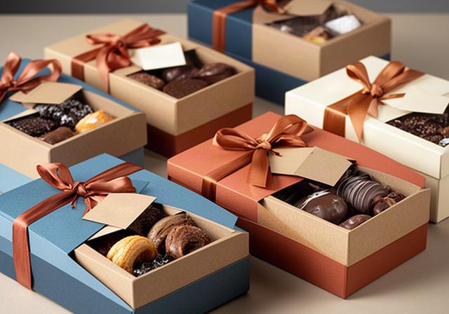 Cajas corporativas de dulces artesanales con etiquetas de empresa y lazos coordinados sobre una mesa de presentación