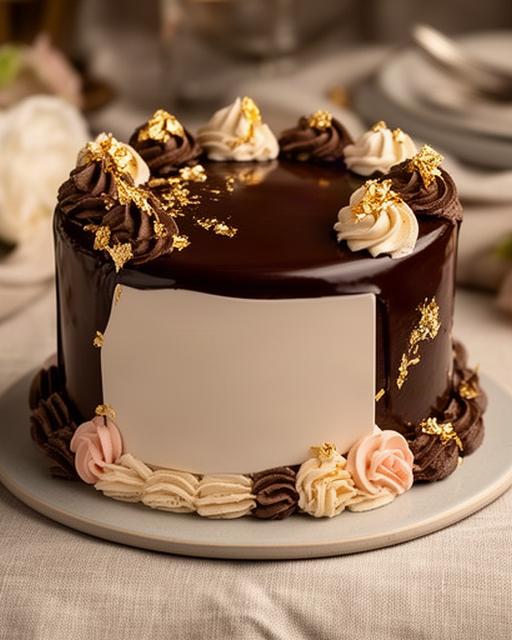 Tarta de aniversario de chocolate con dedicatoria escrita y decoración dorada