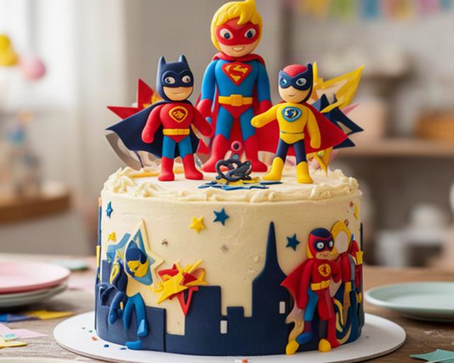 Tarta infantil de superhéroes con figuras de fondant sobre una mesa de cumpleaños en Zafra