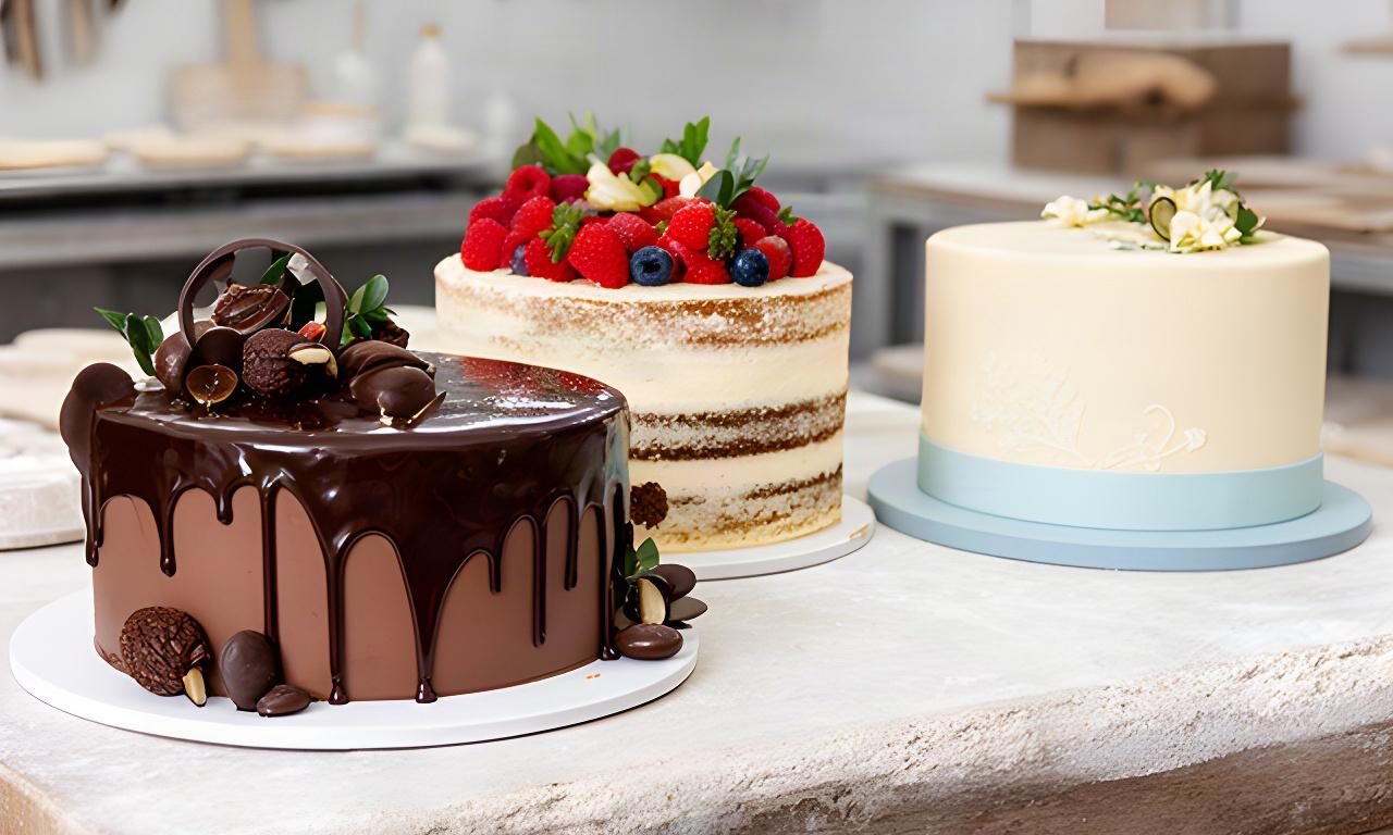 Mesa de obrador en Zafra con un drip cake de chocolate, un naked cake con frutas y una tarta de fondant decorada