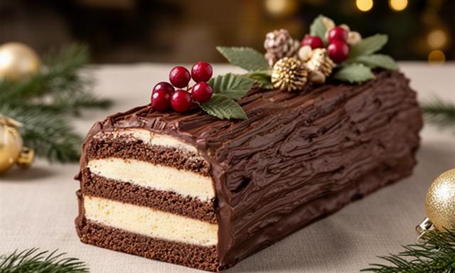 Tronco navideño de chocolate con decoración artesanal sobre una mesa festiva